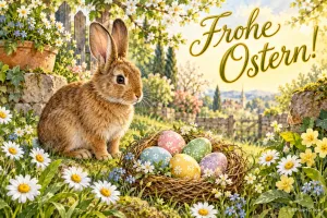 Ein braunes Kaninchen sitzt im blühenden Garten neben einem Nest mit bunten Ostereiern; oben steht "Frohe Ostern!".