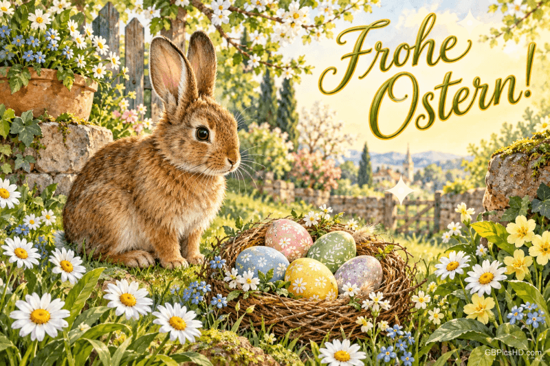 Ein braunes Kaninchen sitzt im blühenden Garten neben einem Nest mit bunten Ostereiern; oben steht "Frohe Ostern!".
