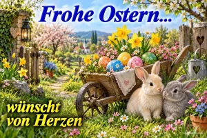 Zwei Kaninchen neben einem Holzkarren voller bunter Ostereier und Blumen im Garten: "Frohe Ostern... wünscht von Herzen".