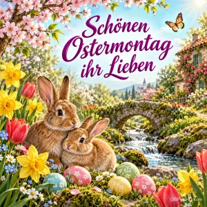 Zwei Kaninchen und bunte Ostereier vor einer Steinbrücke über einen Bach, umgeben von Blumen: "Schönen Ostermontag ihr Lieben".