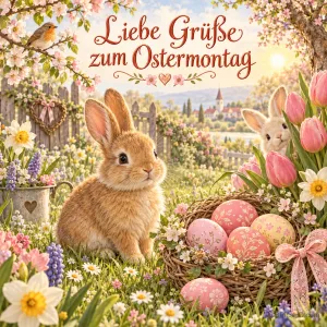 Zwei Kaninchen, ein Korb mit rosa Ostereiern und ein Vogel zwischen Frühlingsblumen: "Liebe Grüße zum Ostermontag".