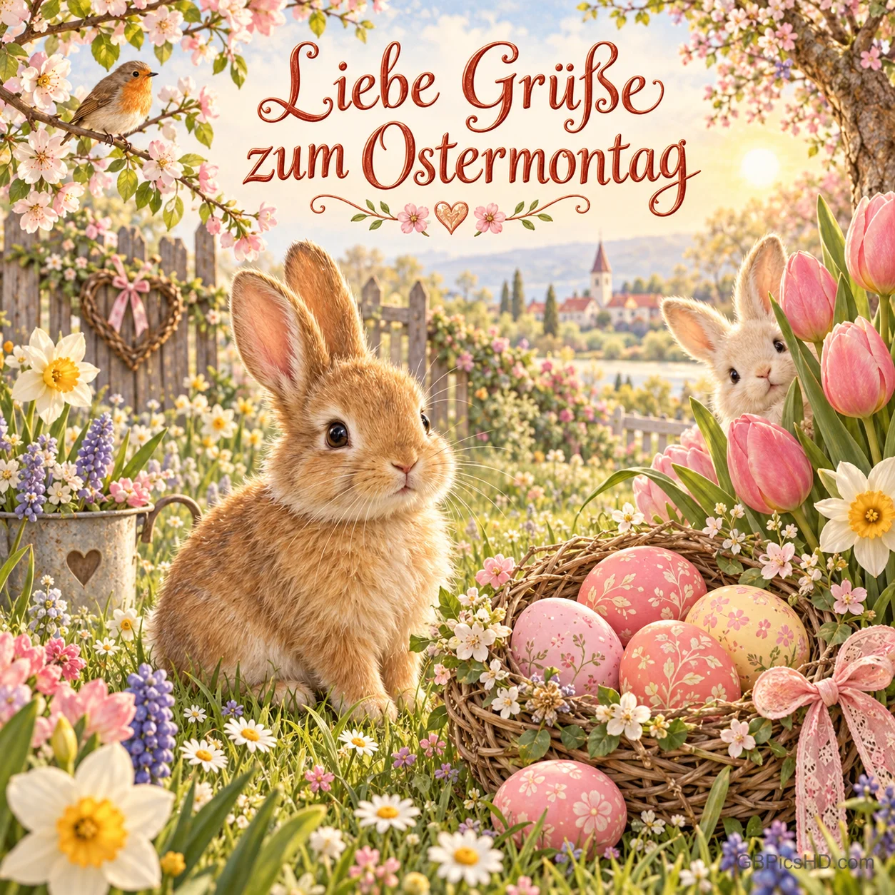 Zwei Kaninchen, ein Korb mit rosa Ostereiern und ein Vogel zwischen Frühlingsblumen: "Liebe Grüße zum Ostermontag".