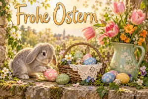 Ein graues Comic-Kaninchen neben einer grünen Vase mit rosa Tulpen, bunten Eiern und zwei orangefarbenen Blumen: "Frohe Ostern".