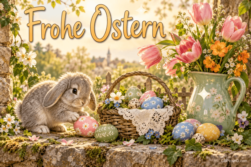 Ein graues Comic-Kaninchen neben einer grünen Vase mit rosa Tulpen, bunten Eiern und zwei orangefarbenen Blumen: "Frohe Ostern".