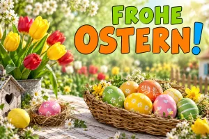 Ein Korb mit bunten Ostereiern steht neben gelben und roten Tulpen auf einem Gartentisch unter "Frohe Ostern!".