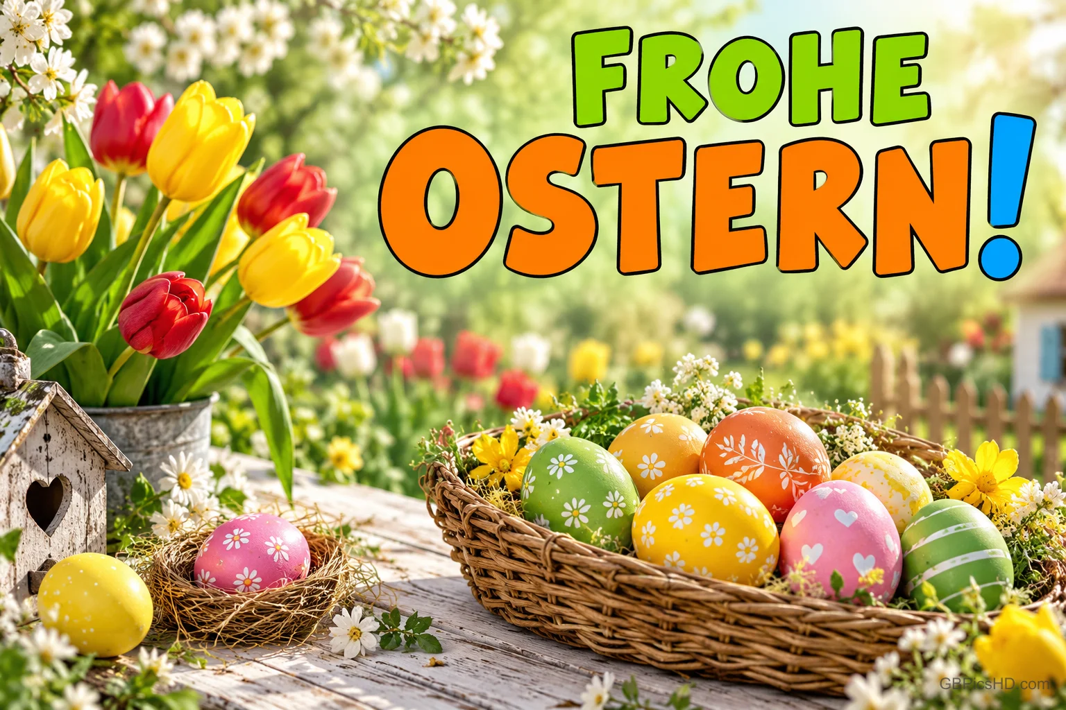 Ein Korb mit bunten Ostereiern steht neben gelben und roten Tulpen auf einem Gartentisch unter "Frohe Ostern!".