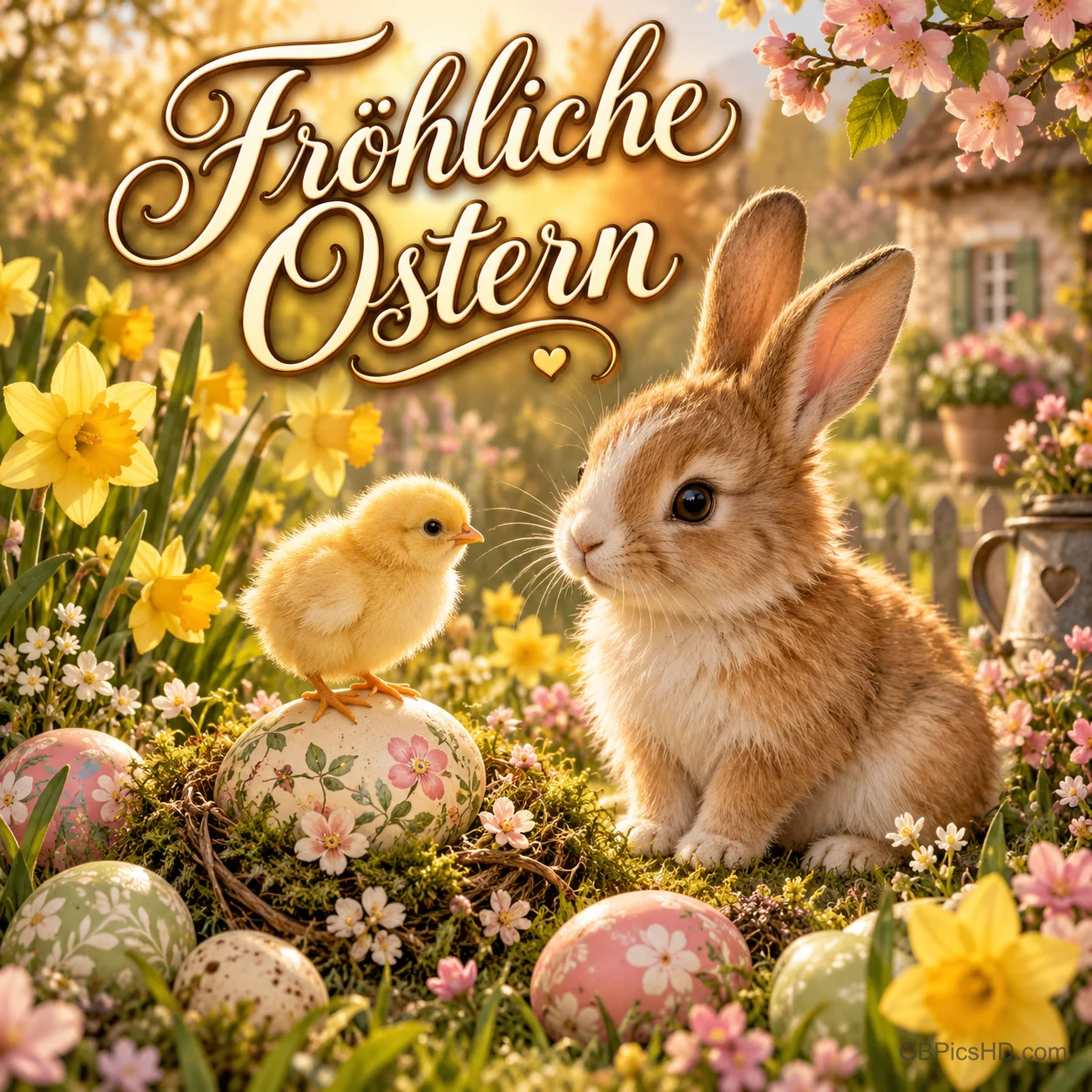 Ein Küken steht auf einem geblümten Ei neben einem Kaninchen, umgeben von Ostereiern und Frühlingsblumen: "Fröhliche Ostern".
