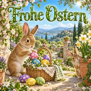 Zwei Kaninchen sitzen bei einem Korb mit bunten Ostereiern zwischen Frühlingsblumen; darüber steht "Frohe Ostern".