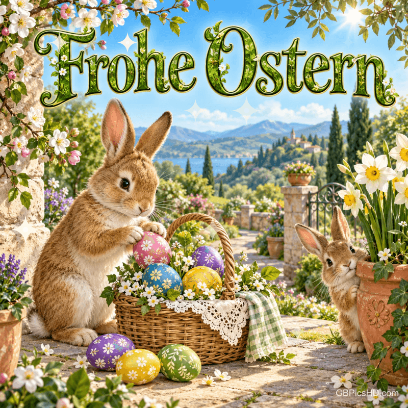 Zwei Kaninchen sitzen bei einem Korb mit bunten Ostereiern zwischen Frühlingsblumen; darüber steht "Frohe Ostern".