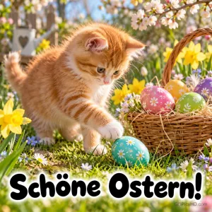 Ein orangefarbenes Kätzchen streckt die Pfote nach einem türkisfarbenen Osterei neben einem Eierkorb aus; unten steht "Schöne Ostern!".