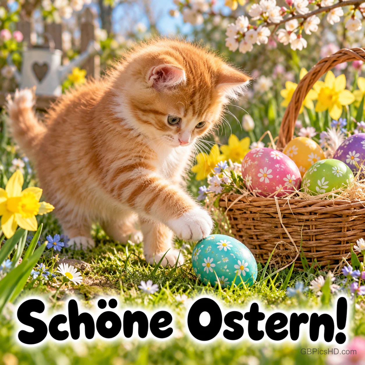 Ein orangefarbenes Kätzchen streckt die Pfote nach einem türkisfarbenen Osterei neben einem Eierkorb aus; unten steht "Schöne Ostern!".