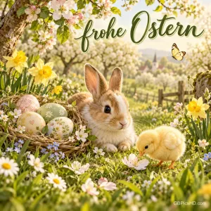 Ein Kaninchen und ein gelbes Küken sitzen neben einem Nest mit Ostereiern im blühenden Garten; oben steht "Frohe Ostern".