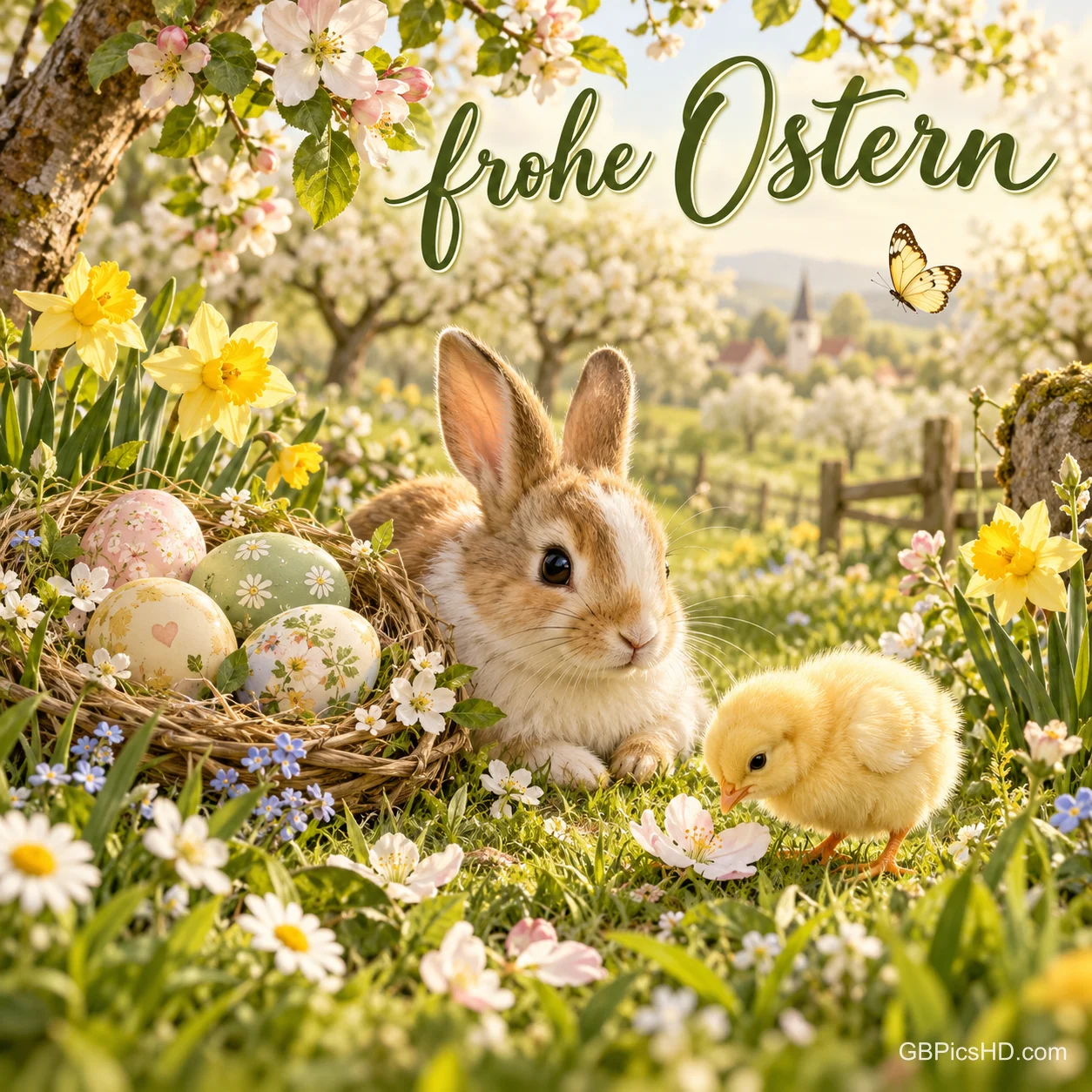 Ein Kaninchen und ein gelbes Küken sitzen neben einem Nest mit Ostereiern im blühenden Garten; oben steht "Frohe Ostern".
