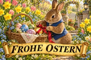 Ein Hase in blauer Weste bindet im Blumengarten eine rote Schleife um ein goldenes Ei neben einem Eierkorb; unten steht "Frohe Ostern".