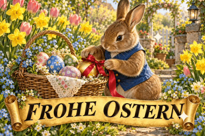 Ein Hase in blauer Weste bindet im Blumengarten eine rote Schleife um ein goldenes Ei neben einem Eierkorb; unten steht "Frohe Ostern".