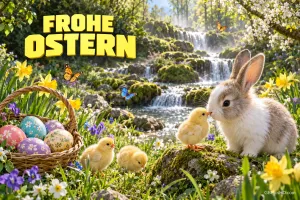 Ein Kaninchen sitzt mit Küken, bunten Eiern und Schmetterlingen vor einem Wasserfall; links oben steht "Frohe Ostern".