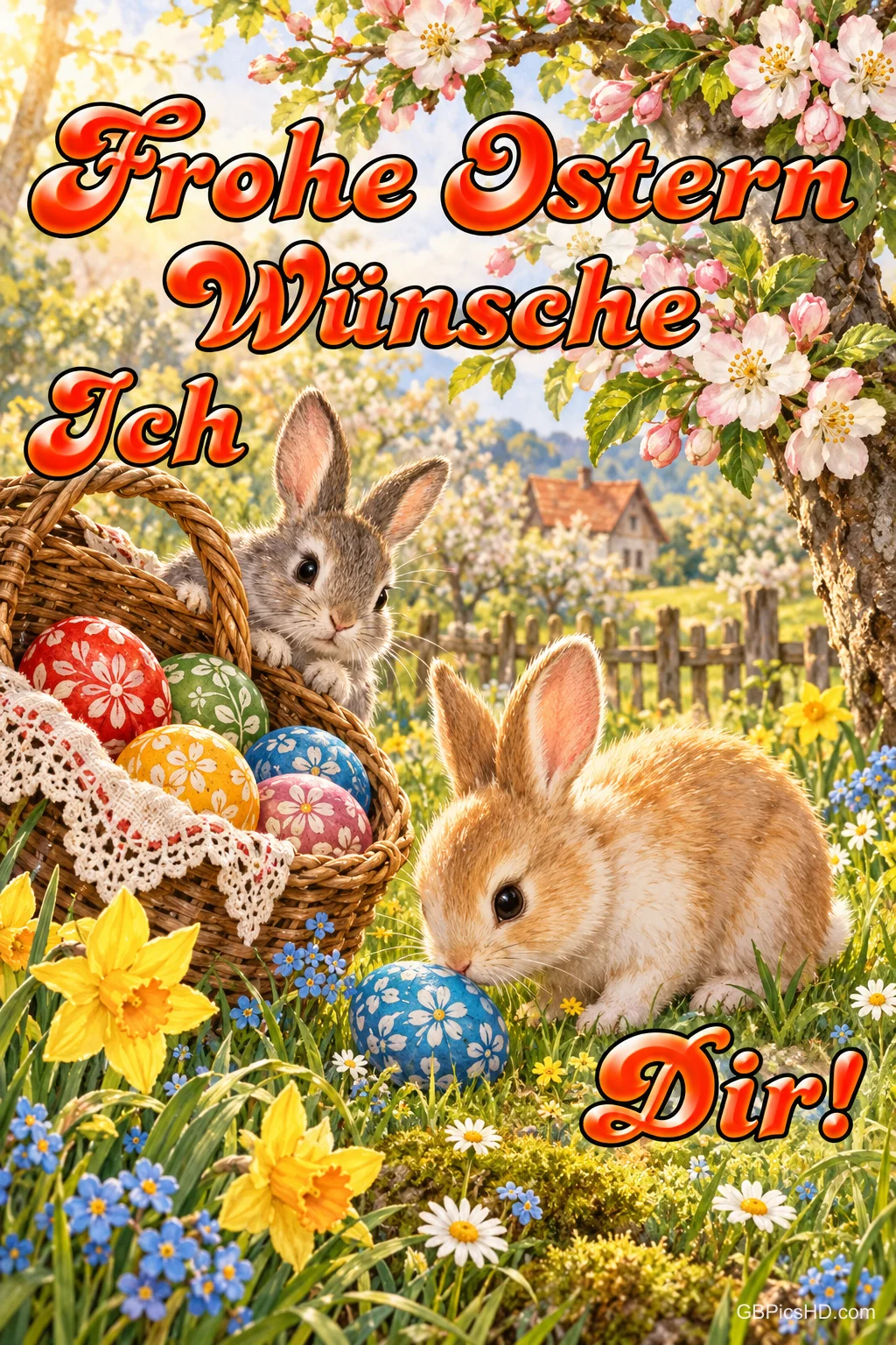 Zwei Kaninchen sitzen bei bunten Ostereiern und einem Korb im Blumengarten; rote Schrift lautet "Frohe Ostern wünsche ich dir!".