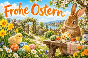 Ein Kaninchen bemalt ein Osterei am Holztisch, während ein Küken neben bunten Eiern sitzt; oben steht "Frohe Ostern".