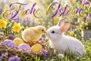 Ein weißes Kaninchen und ein Küken sitzen zwischen einem lila und einem gelben Punkte-Ei; darüber steht "Frohe Ostern".