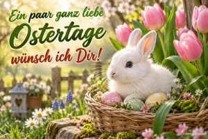 Ein weißes Kaninchen liegt neben einer rosa Tulpe; daneben steht "Ein paar ganz liebe Ostertage wünsch ich Dir!".