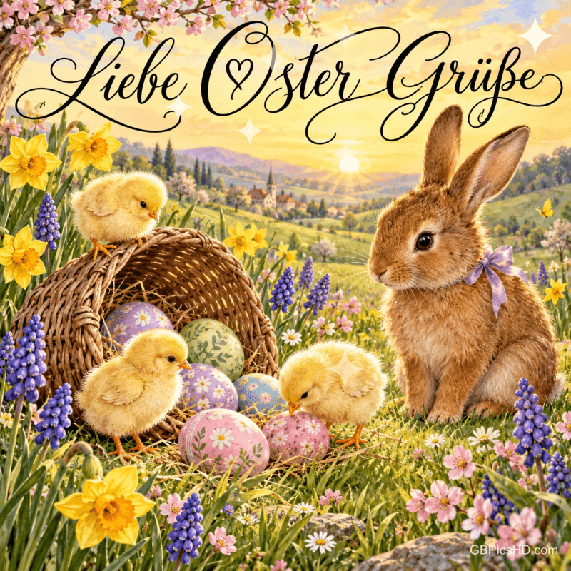 Ein Kaninchen mit lila Schleife und drei Küken sitzen bei einem Korb mit bunten Eiern und Blumen unter "Liebe Ostergrüße". Ein Kaninchen mit lila Schleife und drei Küken sitzen bei einem Korb mit bunten Eiern und Blumen unter "Liebe Ostergrüße".
