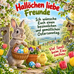 Hase und Küken: "Hallöchen liebe Freunde Ich wünsche Euch einen besinnlichen und gemütlichen Ostersonntag. Viel Spaß beim Eiersuchen".