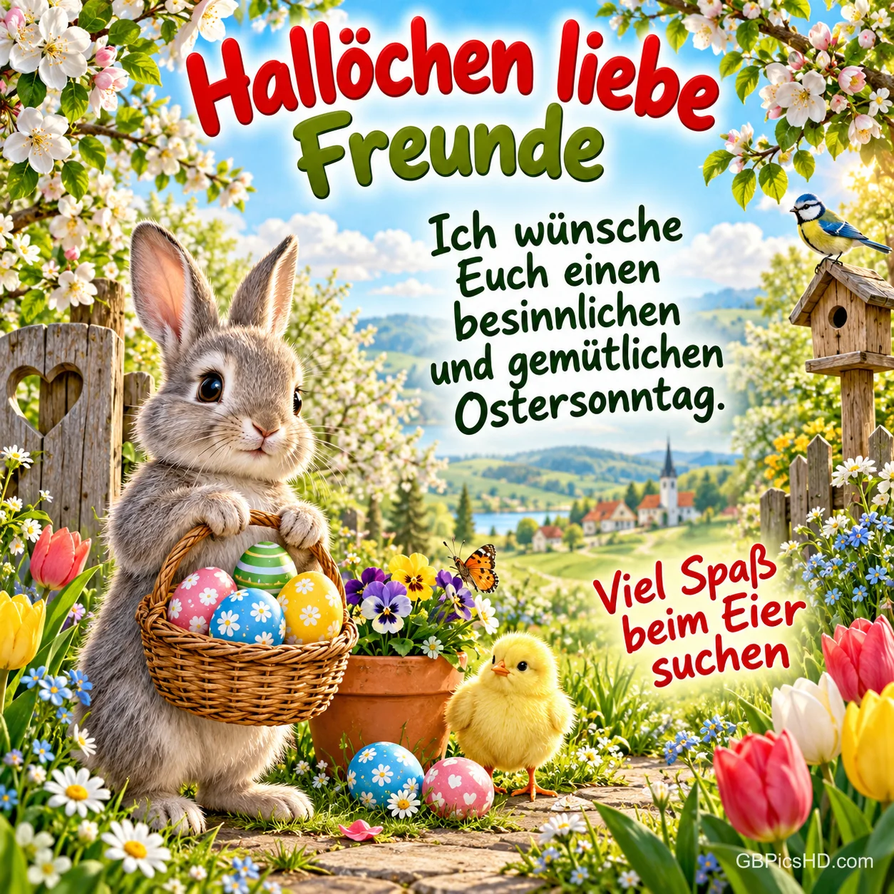 Hase und Küken: "Hallöchen liebe Freunde Ich wünsche Euch einen besinnlichen und gemütlichen Ostersonntag. Viel Spaß beim Eiersuchen". Hase und Küken: "Hallöchen liebe Freunde Ich wünsche Euch einen besinnlichen und gemütlichen Ostersonntag. Viel Spaß beim Eiersuchen".
