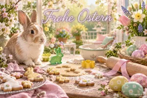 Ein Kaninchen sitzt neben einem Nudelholz mit rosa Schleife und bunten Ausstechformen; darüber steht "Frohe Ostern".