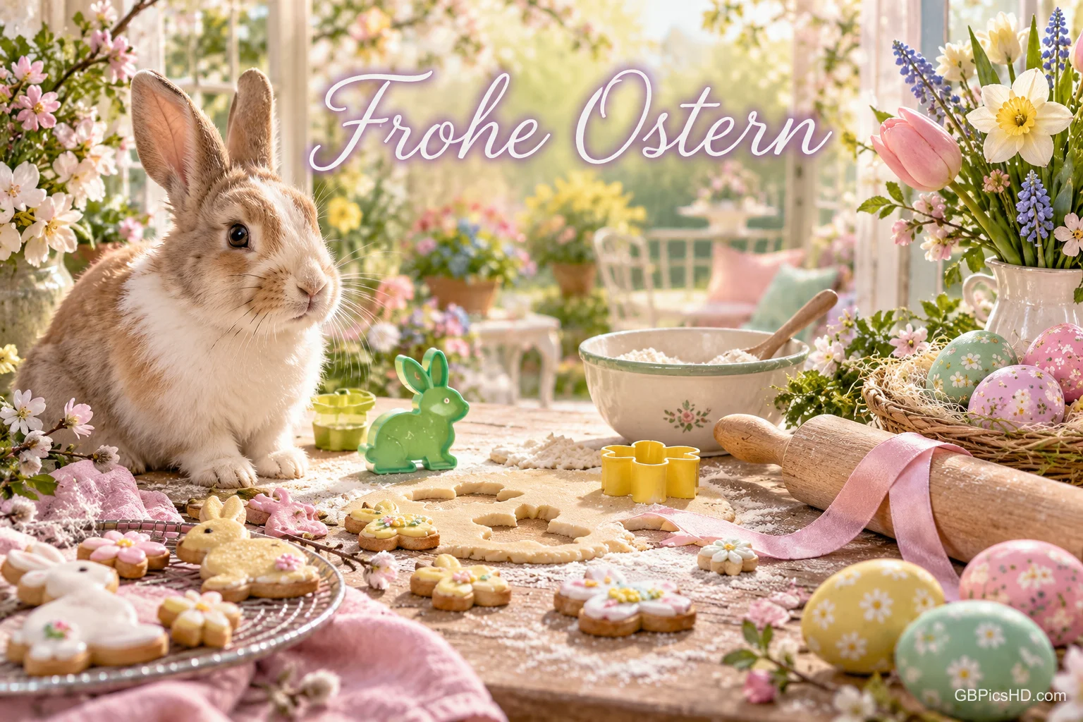 Ein Kaninchen sitzt neben einem Nudelholz mit rosa Schleife und bunten Ausstechformen; darüber steht "Frohe Ostern". Ein Kaninchen sitzt neben einem Nudelholz mit rosa Schleife und bunten Ausstechformen; darüber steht "Frohe Ostern".