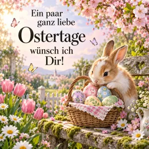 Ein Kaninchen lehnt an einem Korb mit verzierten Eiern auf einer blumigen Bank; links steht "Ein paar ganz liebe Ostertage wünsch ich Dir!".