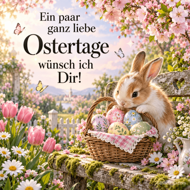 Ein Kaninchen lehnt an einem Korb mit verzierten Eiern auf einer blumigen Bank; links steht "Ein paar ganz liebe Ostertage wünsch ich Dir!". Ein Kaninchen lehnt an einem Korb mit verzierten Eiern auf einer blumigen Bank; links steht "Ein paar ganz liebe Ostertage wünsch ich Dir!".