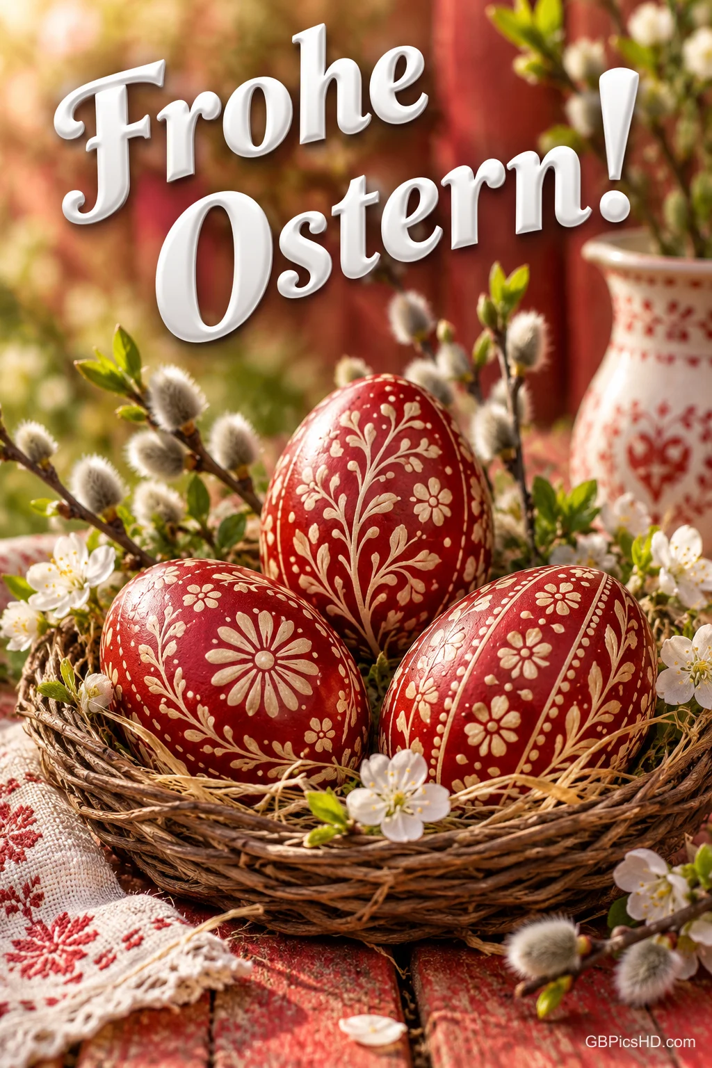 Drei rot verzierte Ostereier liegen in einem Nest zwischen Blüten und Weidenzweigen, darüber steht "Frohe Ostern!". Drei rot verzierte Ostereier liegen in einem Nest zwischen Blüten und Weidenzweigen, darüber steht "Frohe Ostern!".