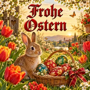 Ein Kaninchen sitzt neben einem Korb mit rot und grün verzierten Eiern zwischen Tulpen; darüber steht in roter Schrift "Frohe Ostern".