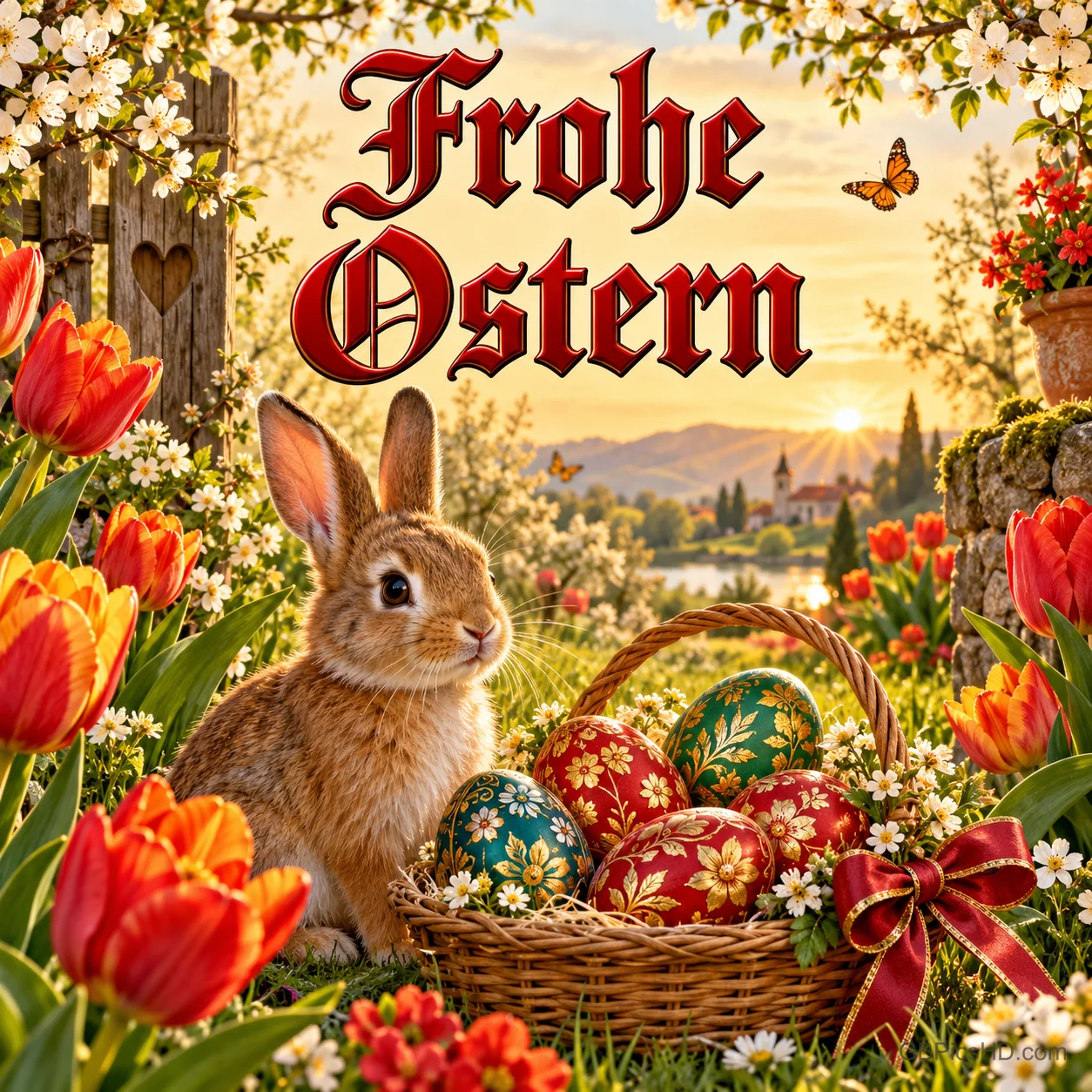 Ein Kaninchen sitzt neben einem Korb mit rot und grün verzierten Eiern zwischen Tulpen; darüber steht in roter Schrift "Frohe Ostern". Ein Kaninchen sitzt neben einem Korb mit rot und grün verzierten Eiern zwischen Tulpen; darüber steht in roter Schrift "Frohe Ostern".