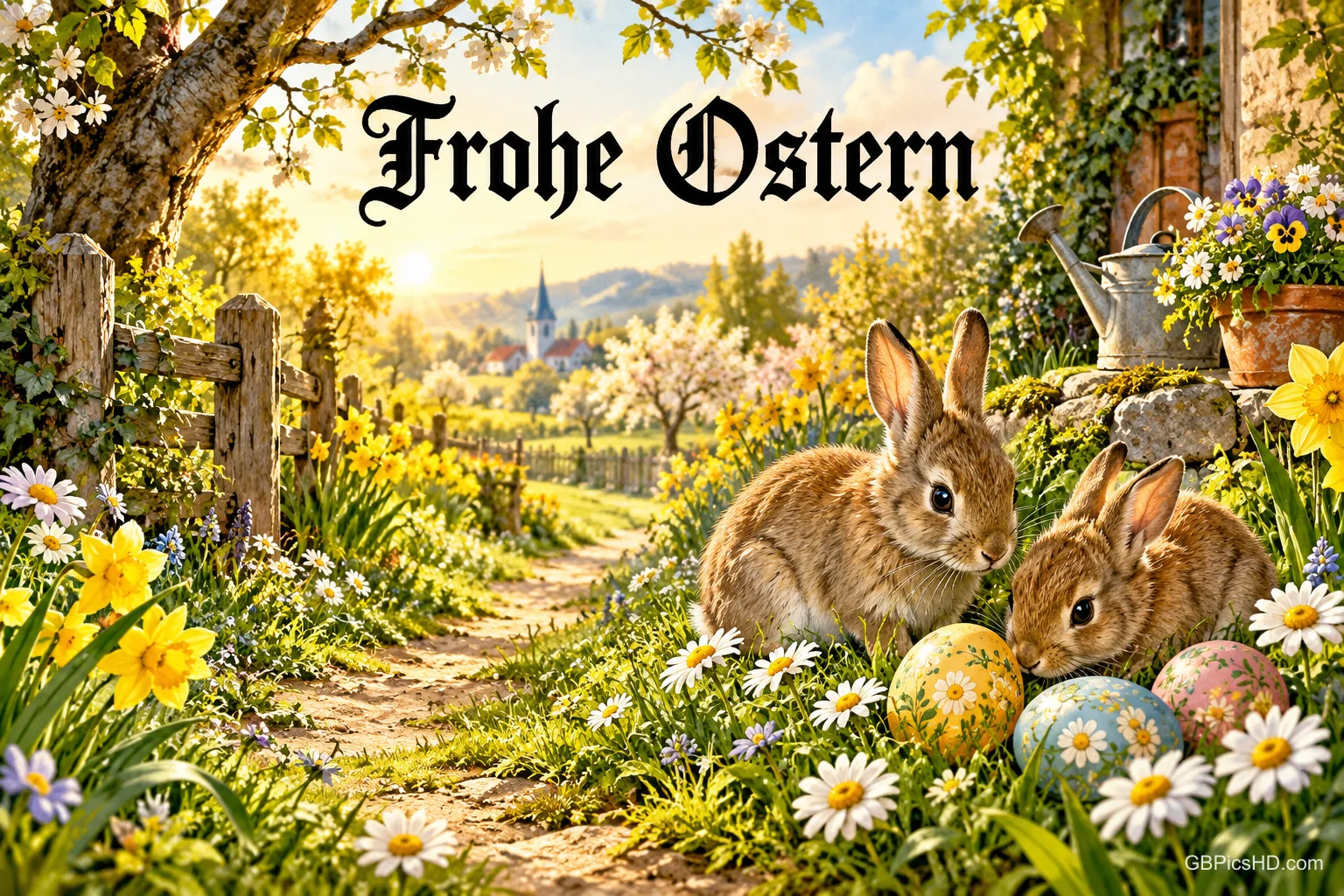 Zwei Kaninchen sitzen bei bunten Eiern und Gänseblümchen an einem Gartenweg; oben steht in schwarzer Schrift "Frohe Ostern". Zwei Kaninchen sitzen bei bunten Eiern und Gänseblümchen an einem Gartenweg; oben steht in schwarzer Schrift "Frohe Ostern".