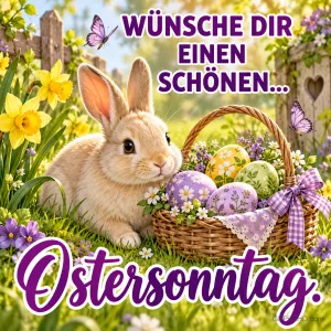 Ein Kaninchen sitzt neben einem Korb mit bunten Eiern und Frühlingsblumen unter "Wünsche dir einen schönen... Ostersonntag.".