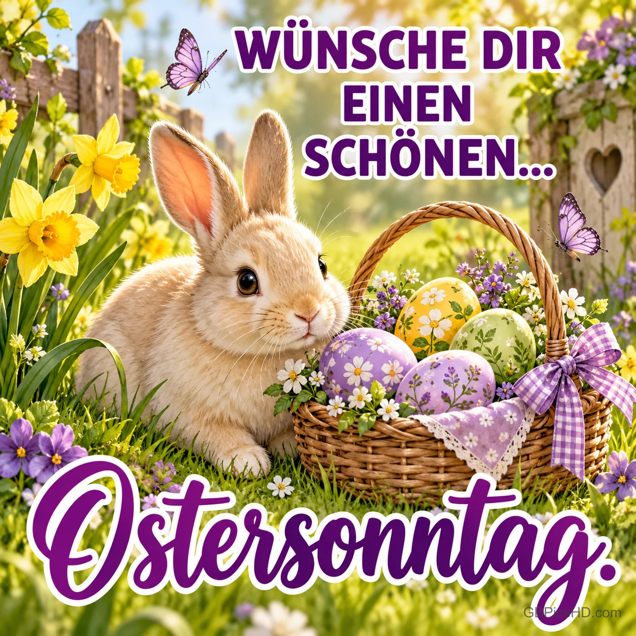 Ein Kaninchen sitzt neben einem Korb mit bunten Eiern und Frühlingsblumen unter "Wünsche dir einen schönen... Ostersonntag.". Ein Kaninchen sitzt neben einem Korb mit bunten Eiern und Frühlingsblumen unter "Wünsche dir einen schönen... Ostersonntag.".