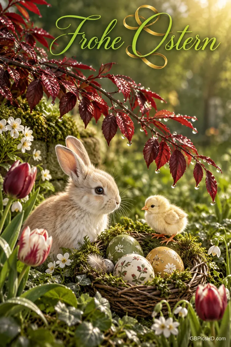 Ein roter Blattzweig mit Wassertropfen steht zwischen gezeichneten Osterfiguren unter dem Gruß "Frohe Ostern".