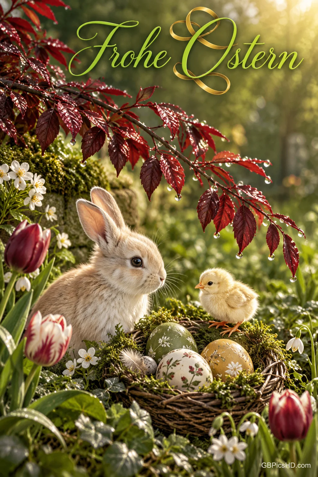 Ein roter Blattzweig mit Wassertropfen steht zwischen gezeichneten Osterfiguren unter dem Gruß "Frohe Ostern". Ein roter Blattzweig mit Wassertropfen steht zwischen gezeichneten Osterfiguren unter dem Gruß "Frohe Ostern".