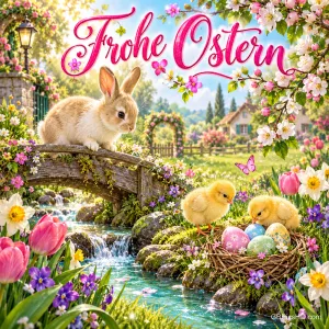 Ein Kaninchen auf einer Holzbrücke und zwei Küken neben einem Osternest am Bach schmücken den Gruß "Frohe Ostern".