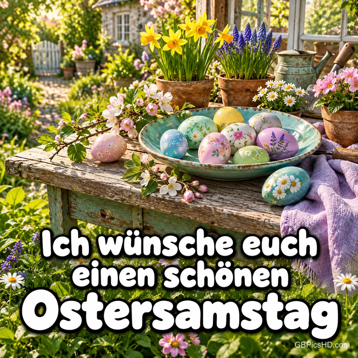 Bunte Ostereier liegen in einer Schale zwischen Frühlingsblumen über "Ich wünsche euch einen schönen Ostersamstag". Bunte Ostereier liegen in einer Schale zwischen Frühlingsblumen über "Ich wünsche euch einen schönen Ostersamstag".