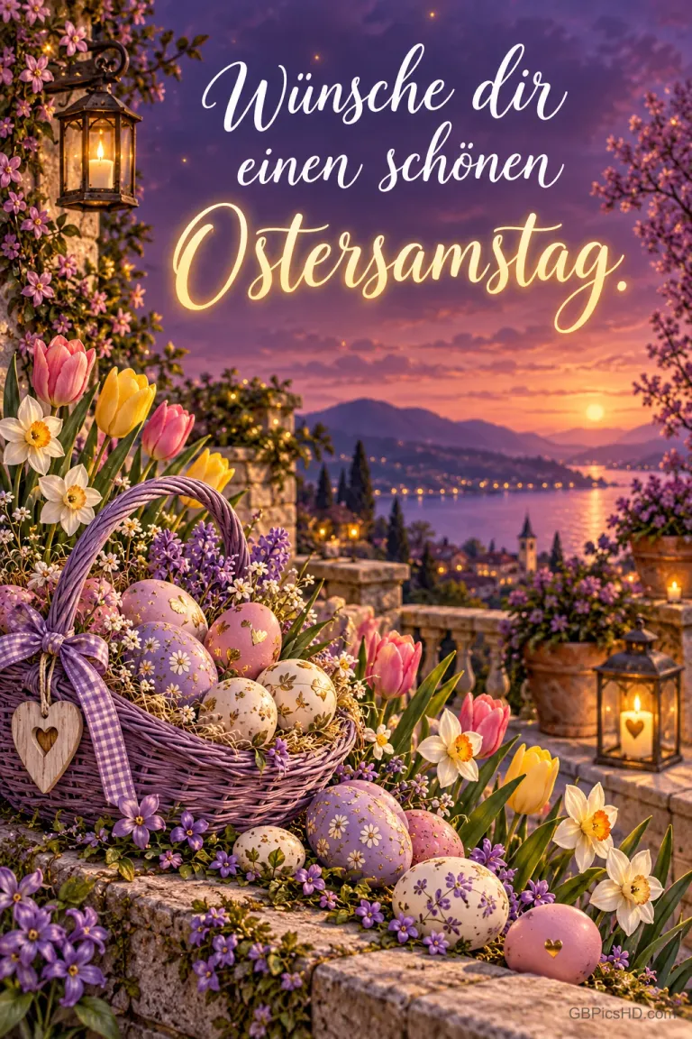 Osterkorb mit verzierten Eiern auf einer Steinmauer mit Laternen und Blumen bei Abendstimmung über dem See, darüber in Leuchtschrift "Wünsche dir einen schönen Ostersamstag."