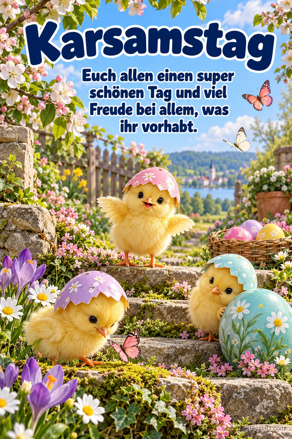 Drei frisch geschlüpfte Küken mit Eierschalenhütchen auf Steinstufen zwischen Krokussen und Ostereiern, dazu der Gruß "Karsamstag – Euch allen einen super schönen Tag und viel Freude bei allem, was ihr vorhabt." Drei frisch geschlüpfte Küken mit Eierschalenhütchen auf Steinstufen zwischen Krokussen und Ostereiern, dazu der Gruß "Karsamstag – Euch allen einen super schönen Tag und viel Freude bei allem, was ihr vorhabt."