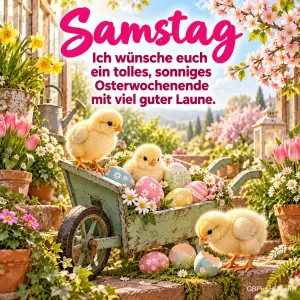 Drei Küken stehen bei bunten Eiern in einer Schubkarre unter "Samstag" und dem Wunsch nach einem sonnigen Osterwochenende.
