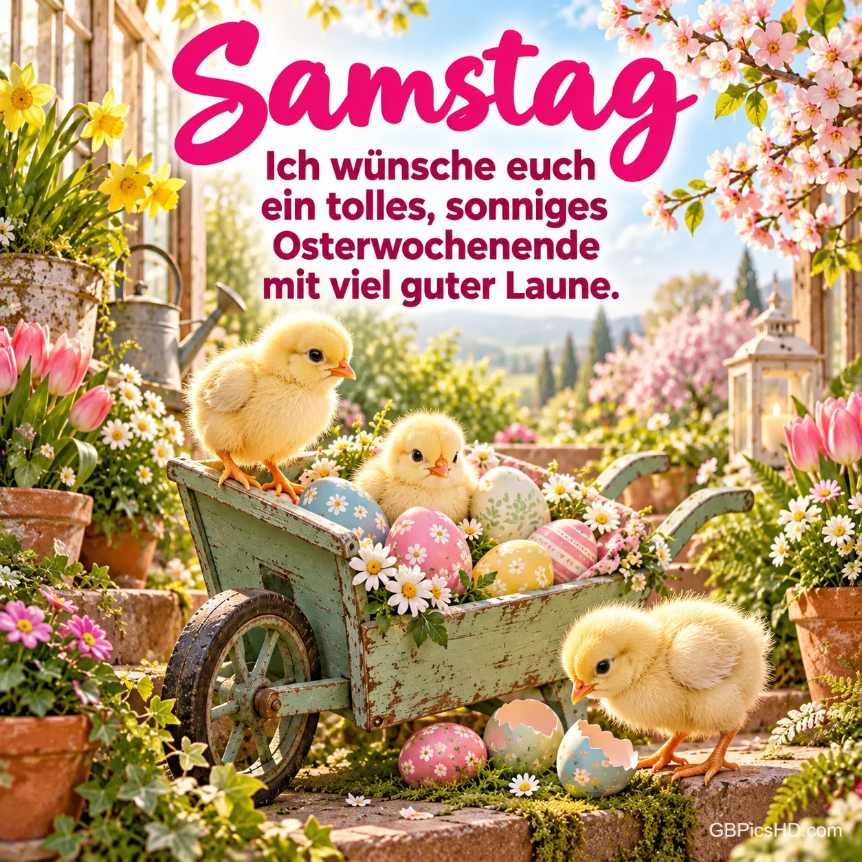 Drei Küken stehen bei bunten Eiern in einer Schubkarre unter "Samstag" und dem Wunsch nach einem sonnigen Osterwochenende. Drei Küken stehen bei bunten Eiern in einer Schubkarre unter "Samstag" und dem Wunsch nach einem sonnigen Osterwochenende.