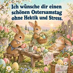 Drei Häschen bemalen Ostereier an einem Holztisch im blühenden Garten, darüber der Wunsch "Ich wünsche dir einen schönen Ostersamstag ohne Hektik und Stress."
