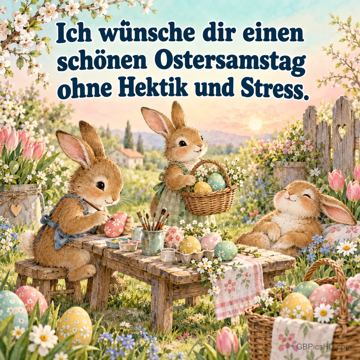 Drei Häschen bemalen Ostereier an einem Holztisch im blühenden Garten, darüber der Wunsch "Ich wünsche dir einen schönen Ostersamstag ohne Hektik und Stress." Drei Häschen bemalen Ostereier an einem Holztisch im blühenden Garten, darüber der Wunsch "Ich wünsche dir einen schönen Ostersamstag ohne Hektik und Stress."