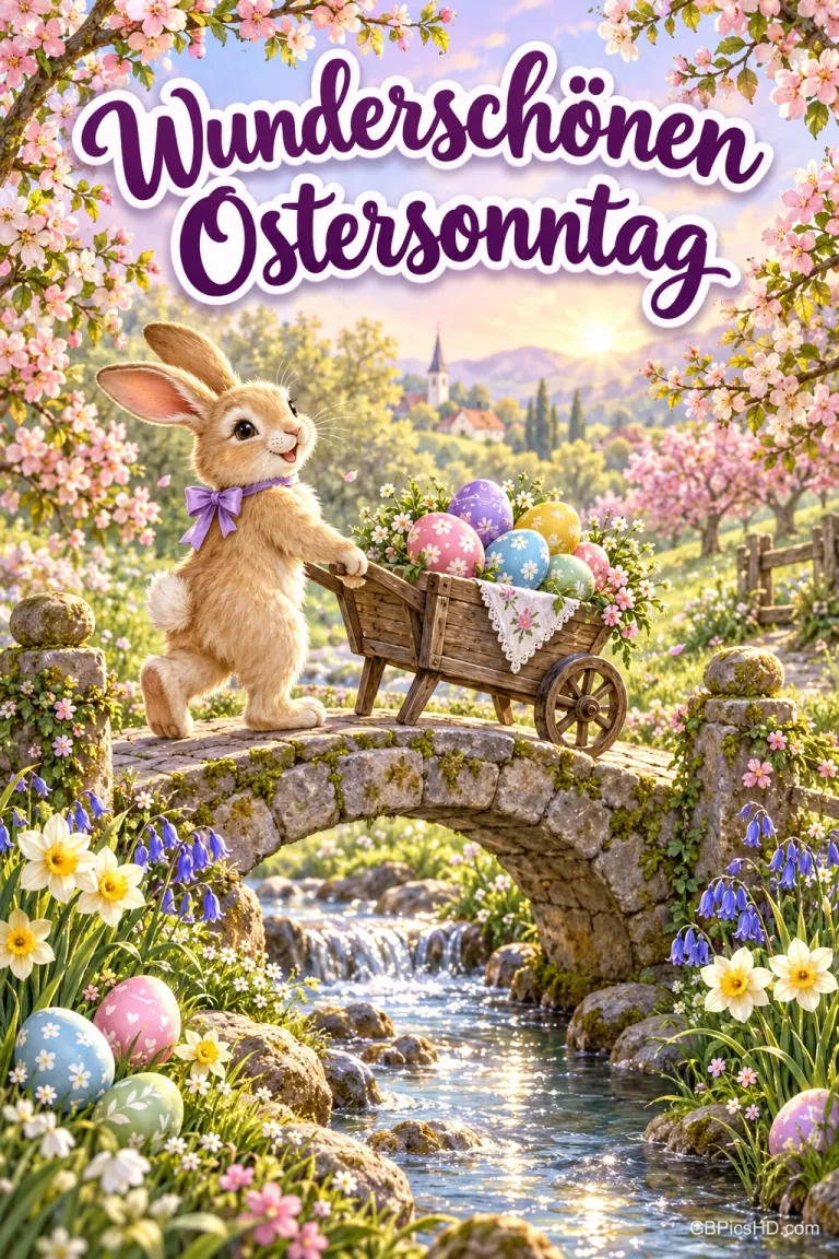Osterhase schiebt eine Schubkarre voller bunter Eier über eine Steinbrücke an einem blühenden Bach, darüber der Gruß "Wunderschönen Ostersonntag".