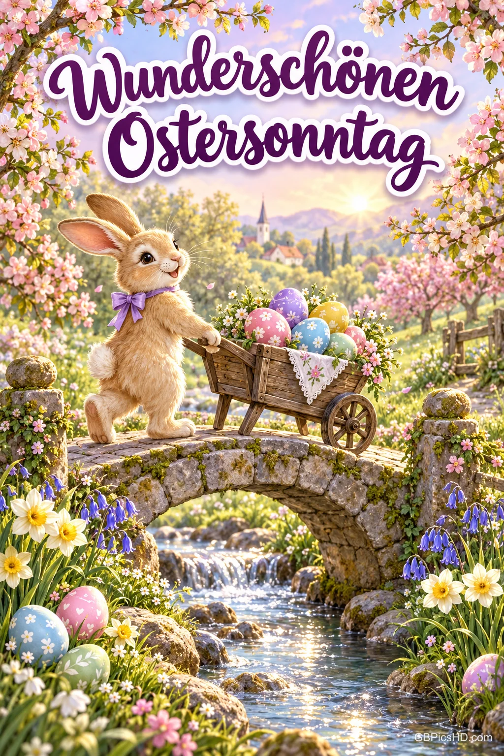 Osterhase schiebt eine Schubkarre voller bunter Eier über eine Steinbrücke an einem blühenden Bach, darüber der Gruß "Wunderschönen Ostersonntag". Osterhase schiebt eine Schubkarre voller bunter Eier über eine Steinbrücke an einem blühenden Bach, darüber der Gruß "Wunderschönen Ostersonntag".