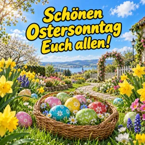 Weidenkorb mit bunten Ostereiern zwischen Narzissen und Hyazinthen in einem sonnigen Garten mit Seeblick, dazu der Gruß "Schönen Ostersonntag Euch allen!"